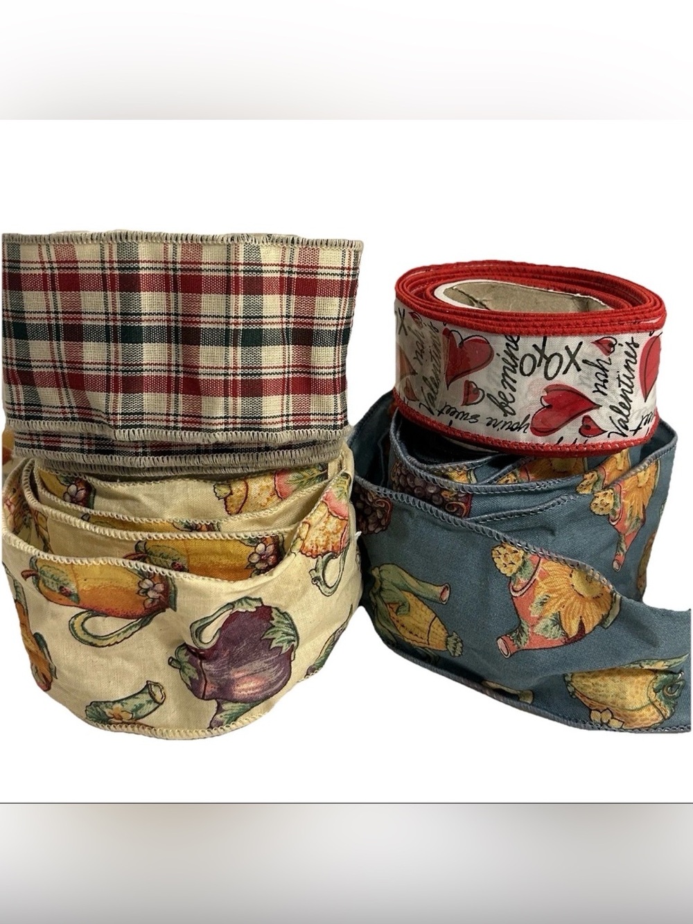 90s vintage Horizon Fabrics Ribbon spool LOT Fruit Teapot Plaid Valentines heart